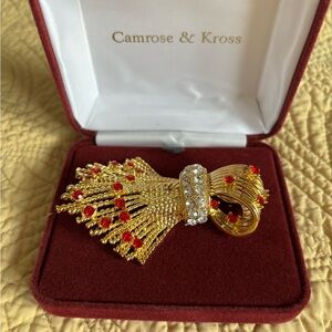 Jackie Kennedy Rare Gold-Plated Simulated Ruby and Diamond Wheat Brooch
